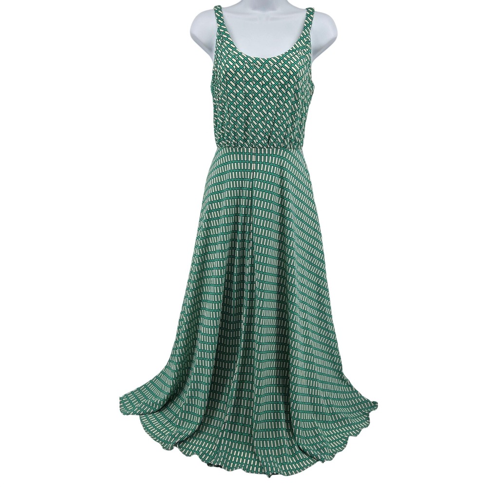 Banana Republic Maxi Dress 6 Green Geometric Pleated Pockets Flowy Summer - Picture 2 of 12